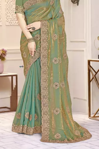 Green color heavy coding zarkan embroidered work satin silk saree sari
