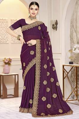 Wine color heavy coding zarkan embroidered work satin silk saree sari 1