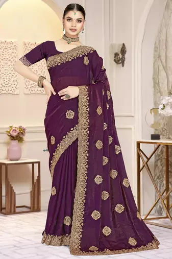 Wine color heavy coding zarkan embroidered work satin silk saree sari