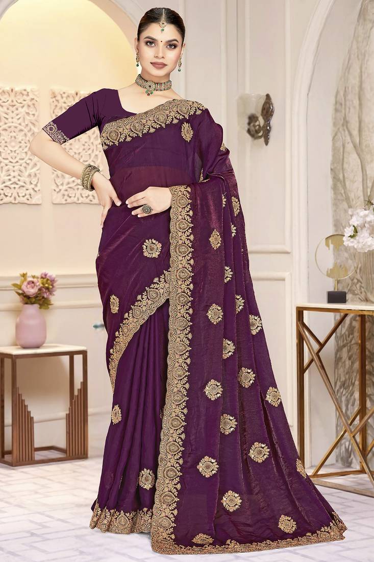 Wine color heavy coding zarkan embroidered work satin silk saree sari