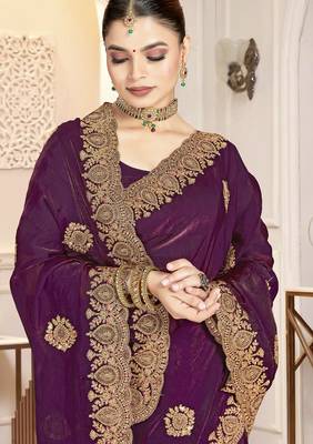 Wine color heavy coding zarkan embroidered work satin silk saree sari 2