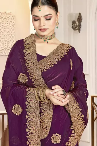 Wine color heavy coding zarkan embroidered work satin silk saree sari