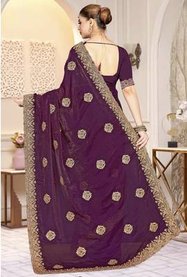 Wine color heavy coding zarkan embroidered work satin silk saree sari 3