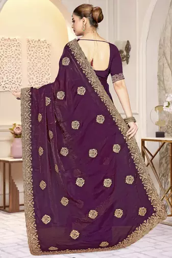 Wine color heavy coding zarkan embroidered work satin silk saree sari