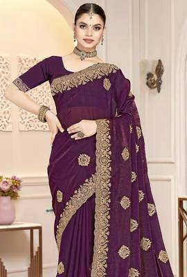 Wine color heavy coding zarkan embroidered work satin silk saree sari 4