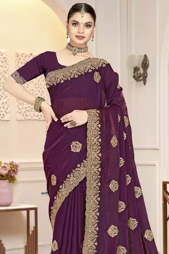 Wine color heavy coding zarkan embroidered work satin silk saree sari