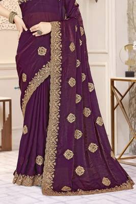 Wine color heavy coding zarkan embroidered work satin silk saree sari 5