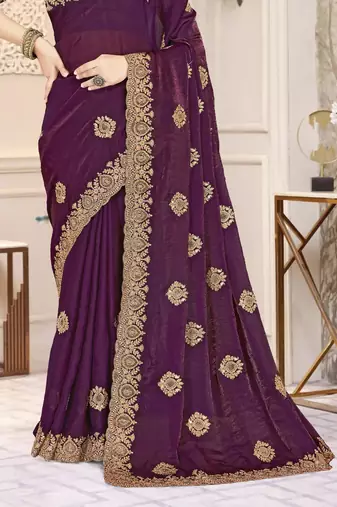 Wine color heavy coding zarkan embroidered work satin silk saree sari