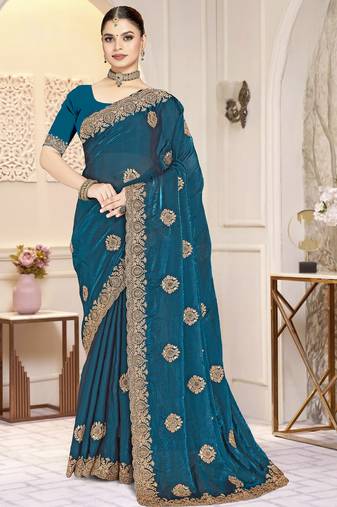 Teal blue color heavy coding zarkan embroidered work satin silk saree sari