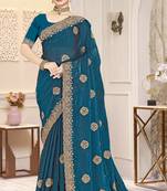 Teal blue color heavy coding zarkan embroidered work satin silk saree sari