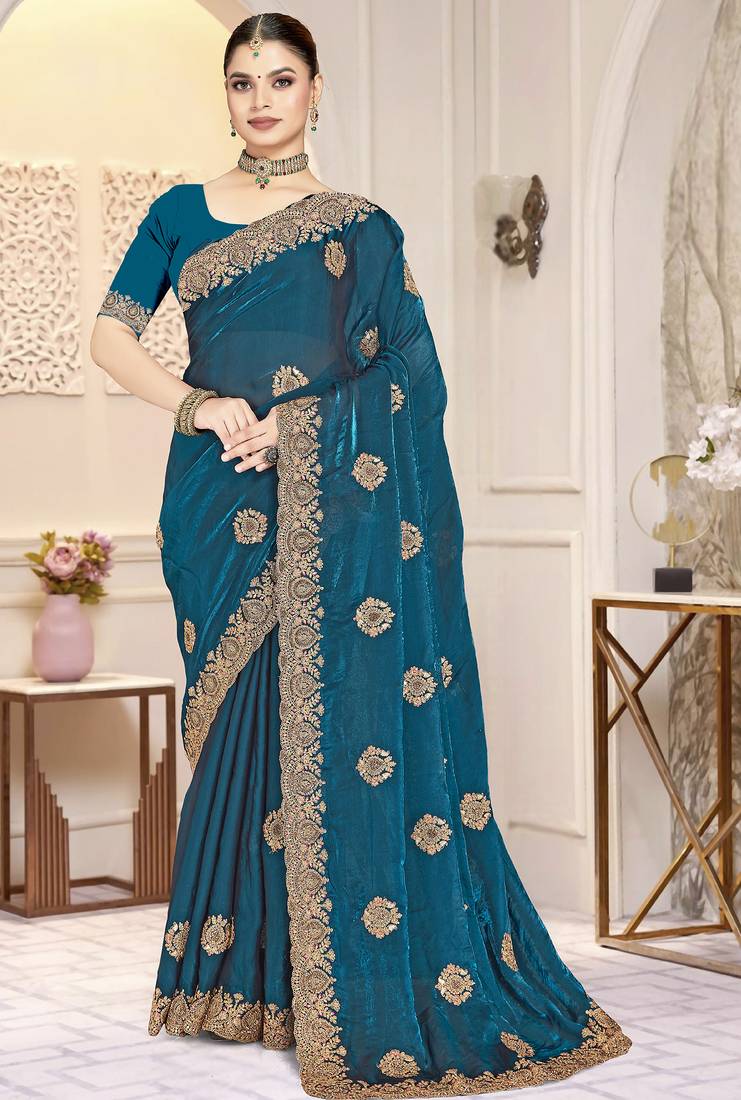 Teal blue color heavy coding zarkan embroidered work satin silk saree sari