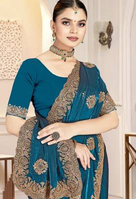 Teal blue color heavy coding zarkan embroidered work satin silk saree sari 2