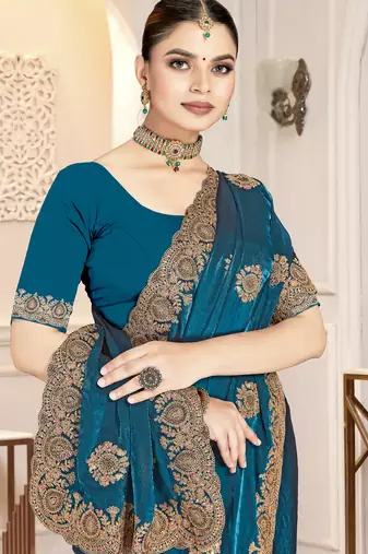 Teal blue color heavy coding zarkan embroidered work satin silk saree sari