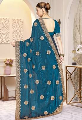 Teal blue color heavy coding zarkan embroidered work satin silk saree sari 3