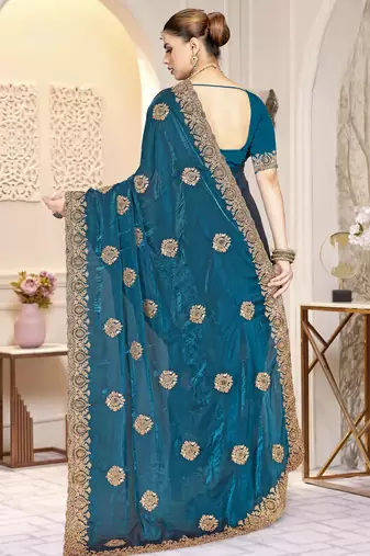 Teal blue color heavy coding zarkan embroidered work satin silk saree sari