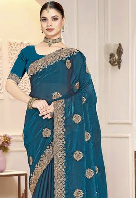 Teal blue color heavy coding zarkan embroidered work satin silk saree sari 4