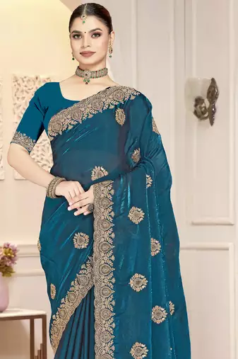 Teal blue color heavy coding zarkan embroidered work satin silk saree sari