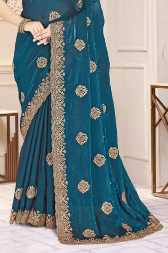 Teal blue color heavy coding zarkan embroidered work satin silk saree sari