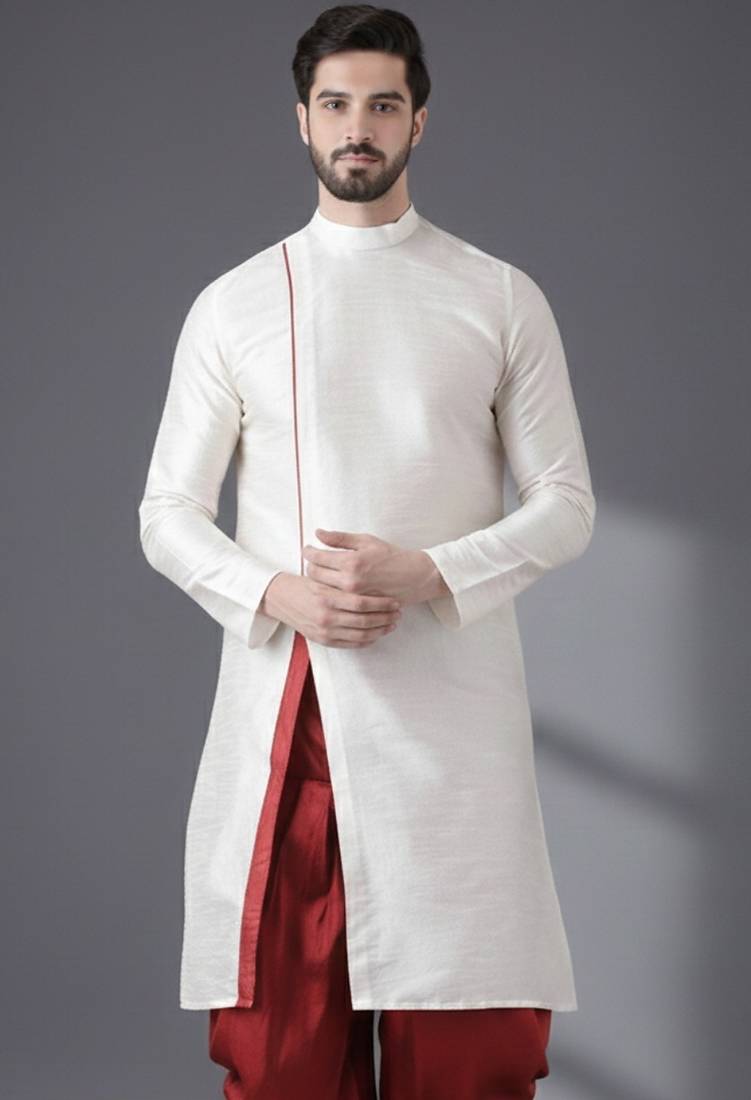 White embroidered dupion silk kurta