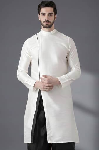 White embroidered dupion silk kurta