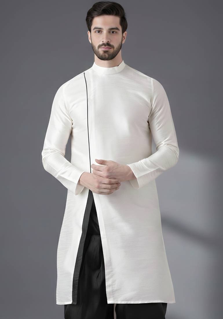 White embroidered dupion silk kurta