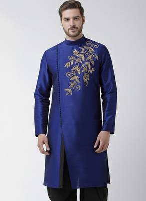 Royal blue embroidered dupion silk kurta 1
