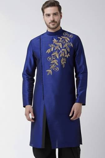 Royal blue embroidered dupion silk kurta