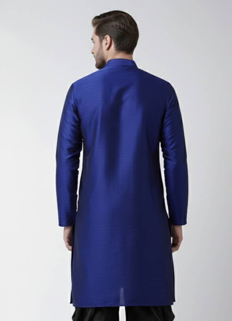 Royal blue embroidered dupion silk kurta