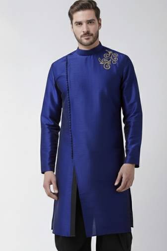Royal blue embroidered dupion silk kurta