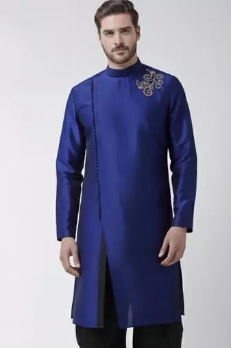 Royal blue embroidered dupion silk kurta