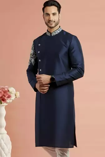 Navy embroidered dupion silk kurta