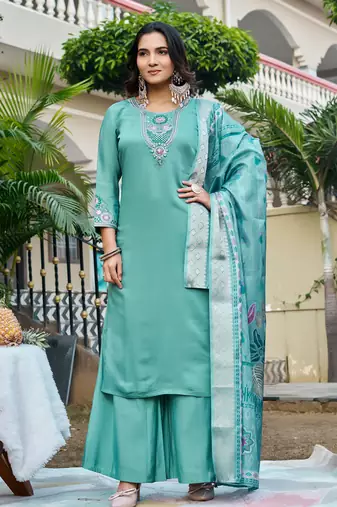 Women Floral Embroidered Empire Thread Work Roman Slik  Kurta  Pant & With Dupatta