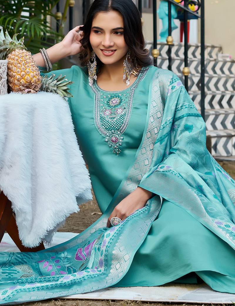 Women Floral Embroidered Empire Thread Work Roman Slik  Kurta  Pant & With Dupatta