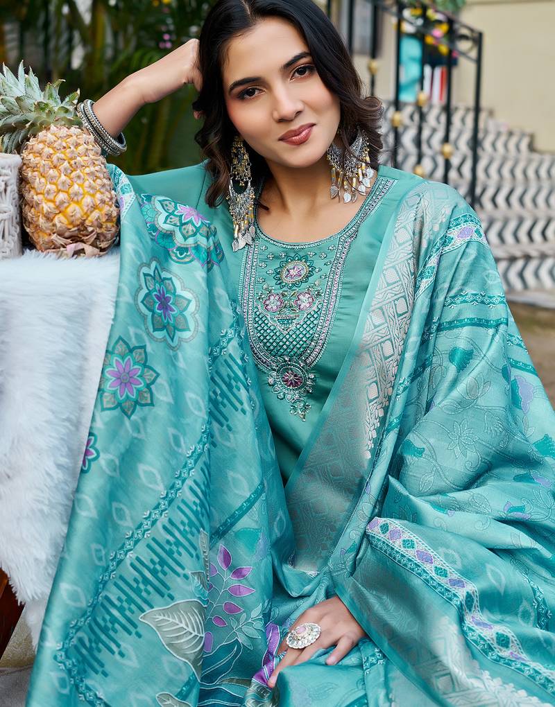 Women Floral Embroidered Empire Thread Work Roman Slik  Kurta  Pant & With Dupatta