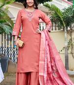 Women Floral Embroidered Empire Thread Work Roman Slik  Kurta  Pant & With Dupatta