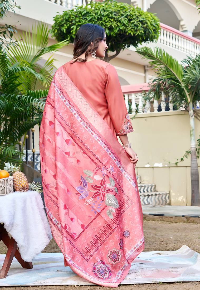 Women Floral Embroidered Empire Thread Work Roman Slik  Kurta  Pant & With Dupatta