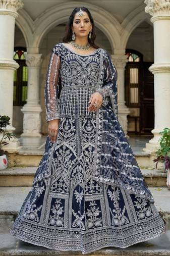 blue net anarkali gown with dori stone work