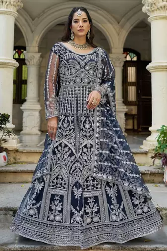 blue net anarkali gown with dori stone work