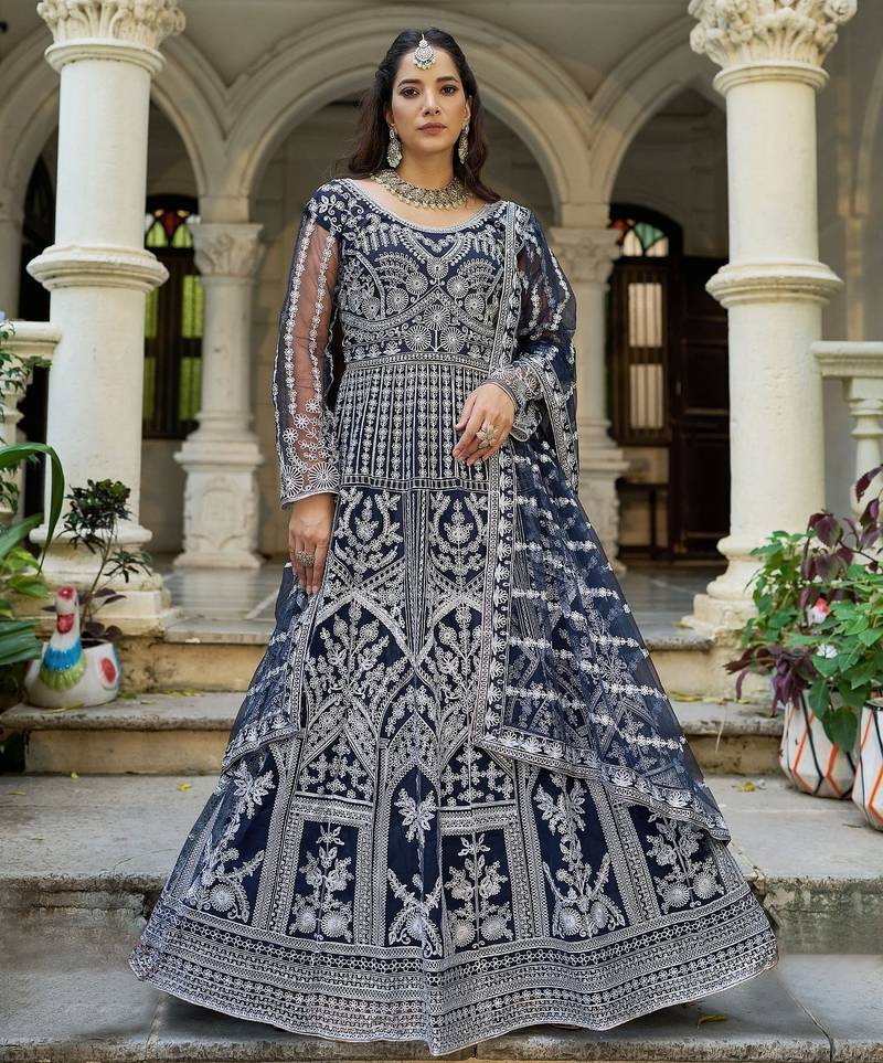 blue net anarkali gown with dori stone work