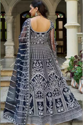 blue net anarkali gown with dori stone work- Full Stitched free size