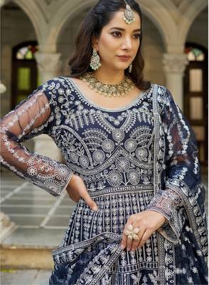 blue net anarkali gown with dori stone work- Full Stitched free size 3