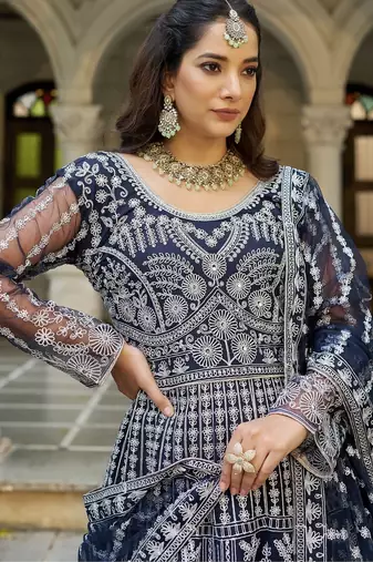 blue net anarkali gown with dori stone work- Full Stitched free size