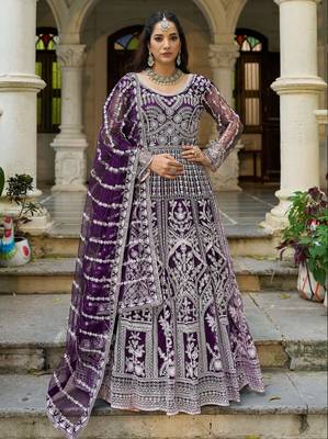 purple net anarkali gown with dori stone work- Full Stitched free size 1