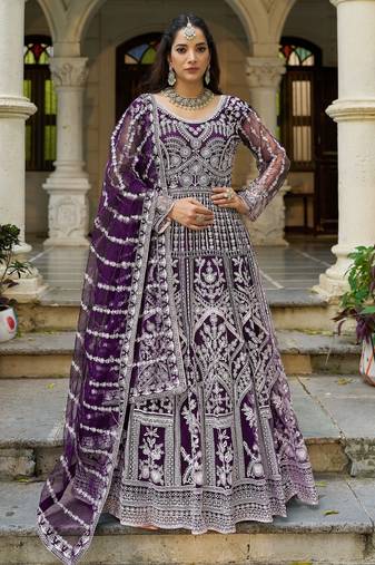 Purple dori stonw work net fabric full stitched wedding party wear anarkali gown salwar suit with net dupatta