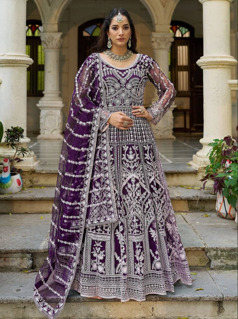 Purple dori stonw work net fabric full stitched wedding party wear anarkali gown salwar suit with net dupatta