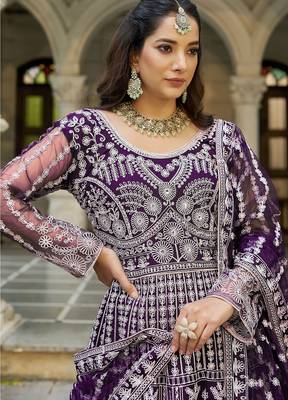 purple net anarkali gown with dori stone work- Full Stitched free size 2