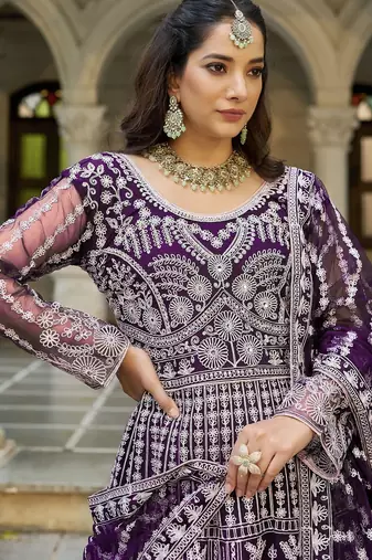 purple net anarkali gown with dori stone work- Full Stitched free size