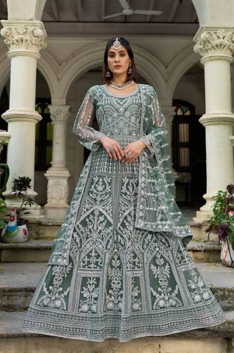 sea green net dori stone work anarkali suit