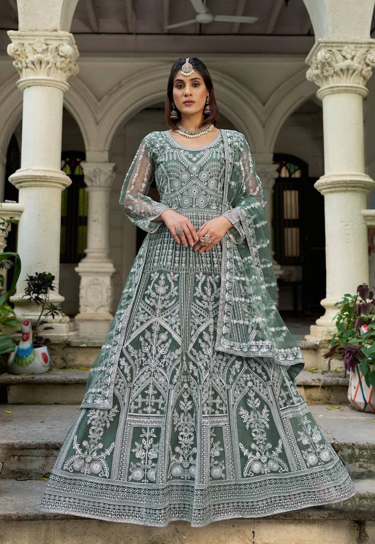 sea green net dori stone work anarkali suit