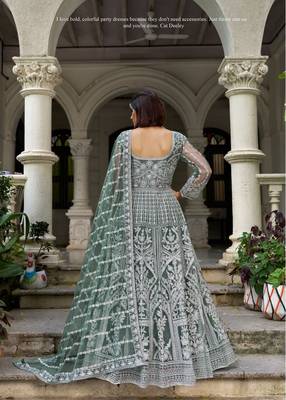 sea green net dori stone work anarkali suit- Full Stitched free size 3
